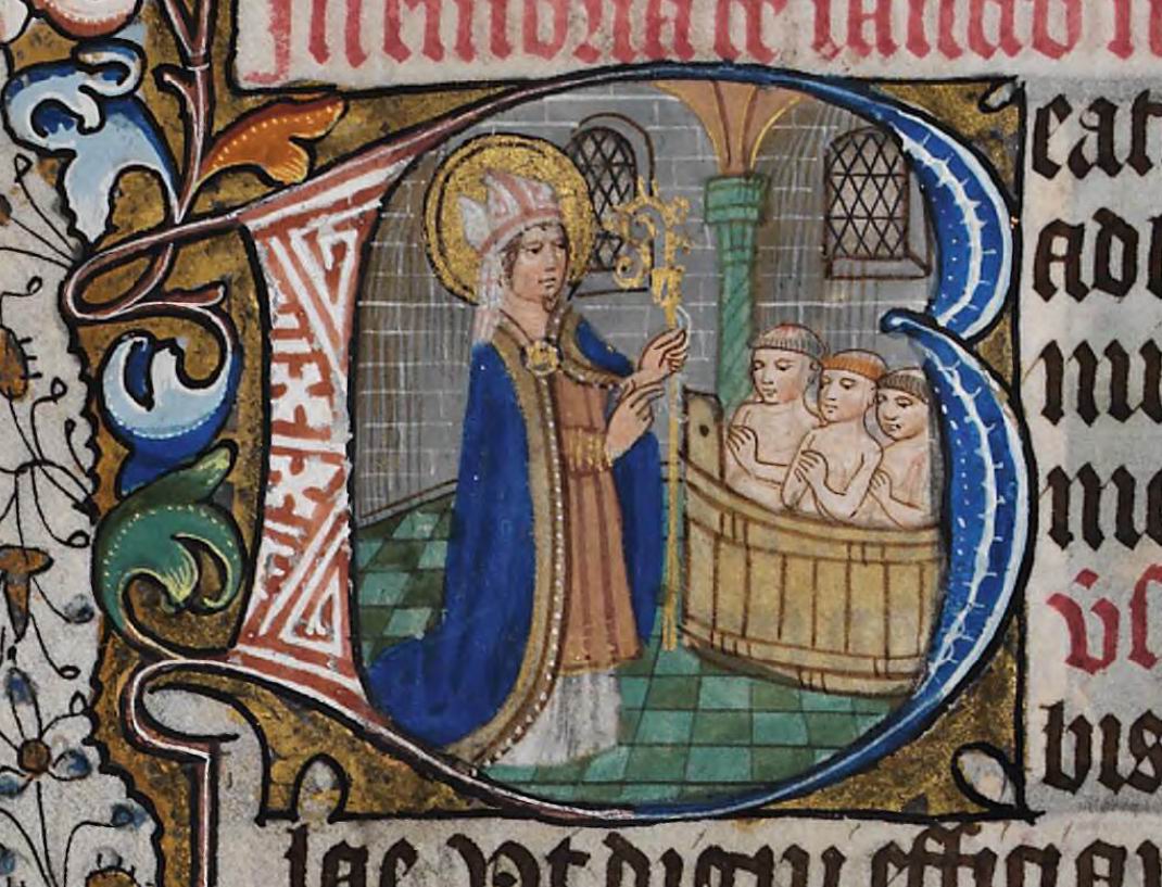 세 아이를 살리는 미라의 성 니콜라오_from a medieval Book of Hours_in the National Library of Wales_Aberystwyth.jpg