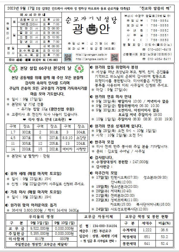 본당주보 - 성김대건 안드레아 사제와 성 정하상 바오로와 동료 순교자들 대축일 주보(2023.9.17) 광안성당